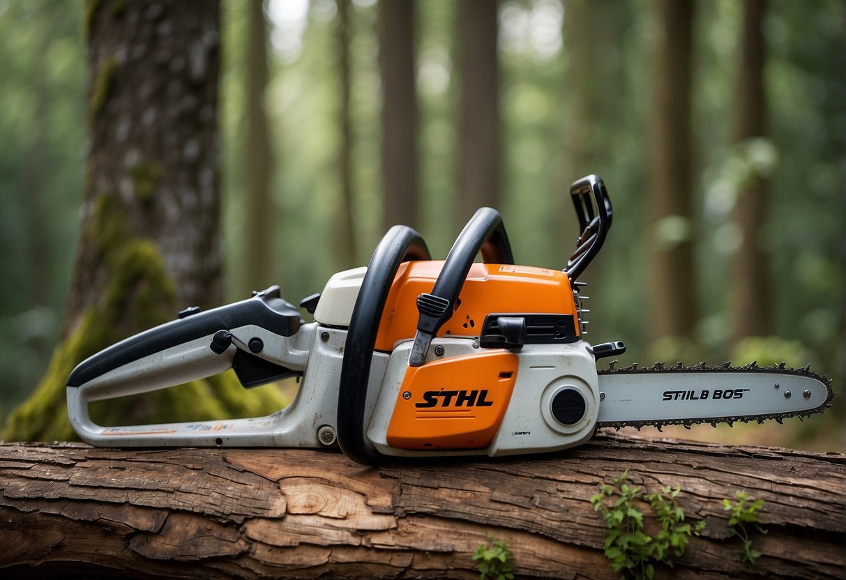The Stihl Wood Boss and Farm Boss chainsaws face off in a rugged forest setting. The Wood Boss stands tall and sturdy, while the Farm Boss exudes power and efficiency