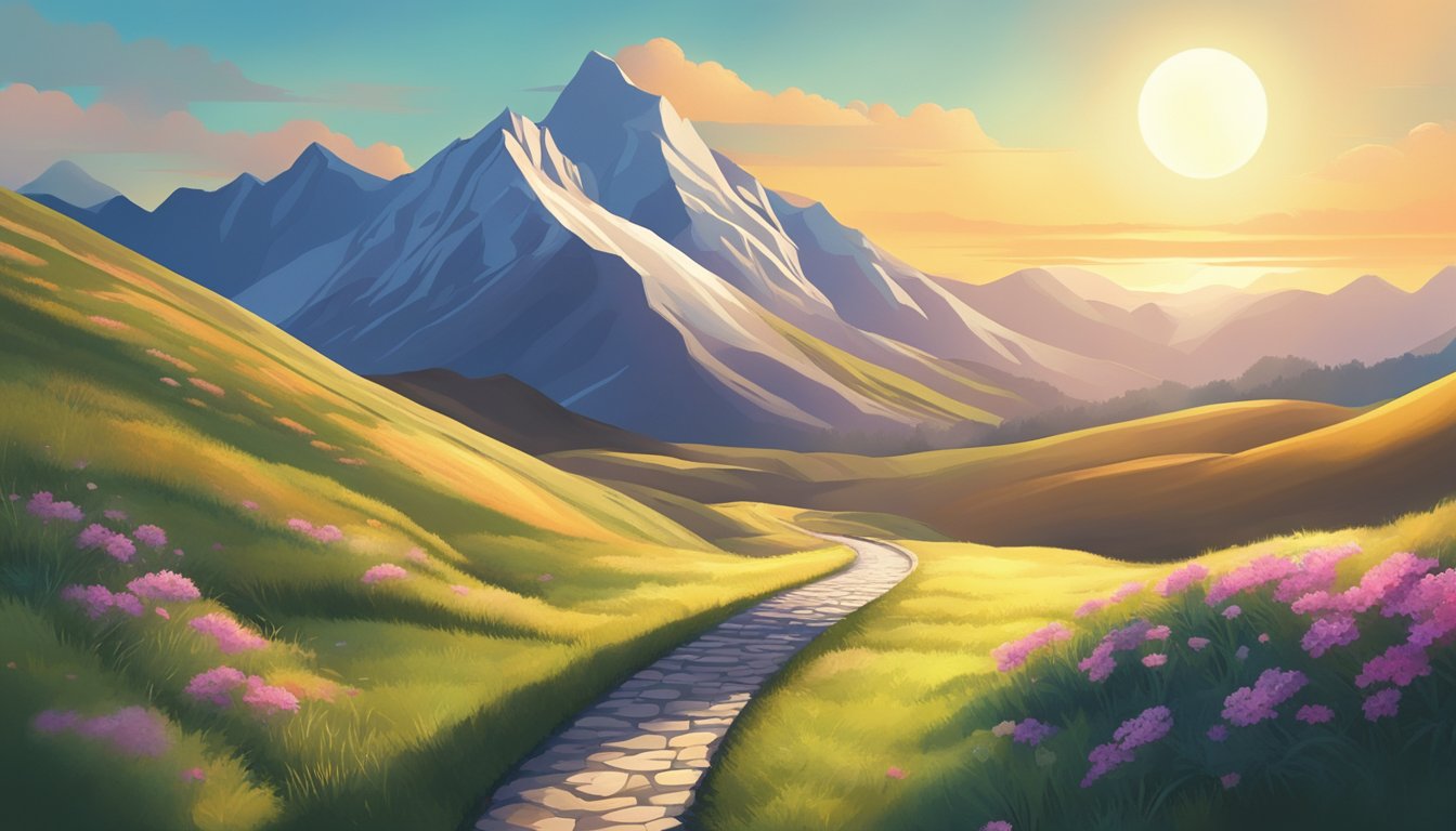 A winding path leading towards a mountain peak, with a glowing sun and a sense of discovery and self-discovery