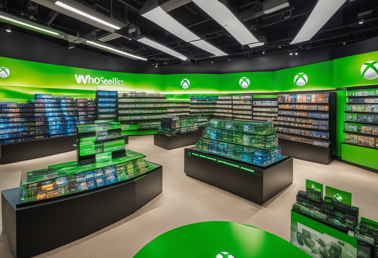 A brightly lit store display featuring Xbox consoles and games, with a large sign reading "Who Sells Xbox?" prominently displayed