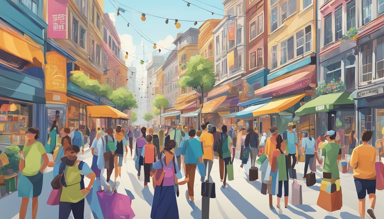 A bustling street scene with people going about their daily activities, such as walking, shopping, and chatting.</p><p>Buildings line the street, with colorful signs and banners hanging from them