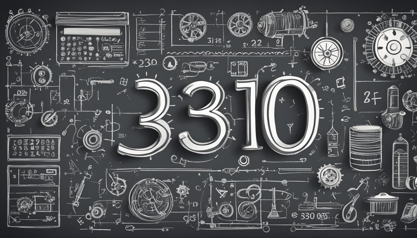A chalkboard with "330" written in bold, surrounded by practical applications symbols (e.g. gears, tools, equations)