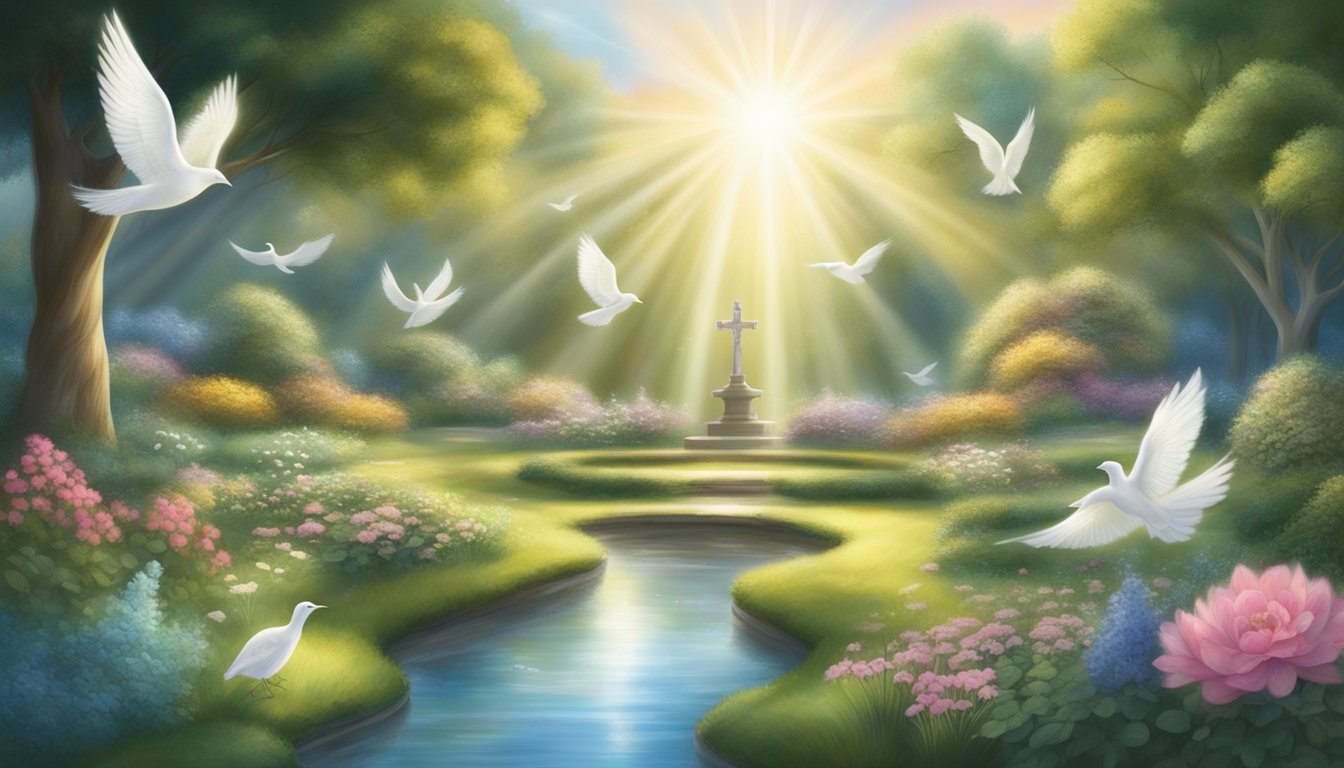 A serene garden with ethereal light, angelic figures in flight, and symbols of spirituality