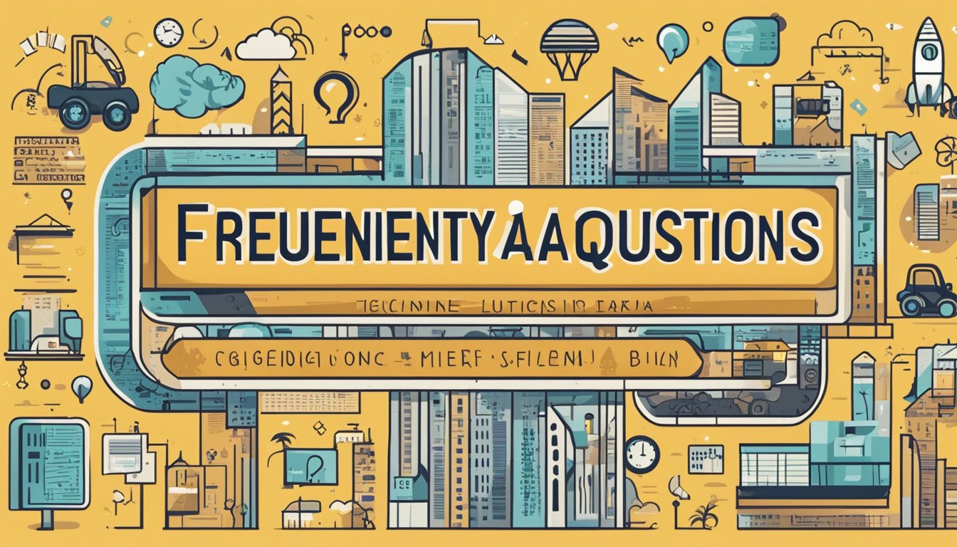 A large sign with "Frequently Asked Questions 41 Significado" in bold letters, surrounded by smaller text and icons representing different topics