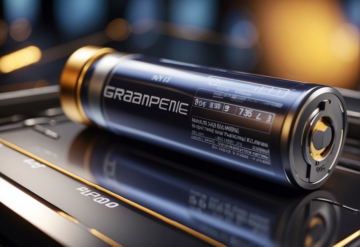 Graphene battery outperforms lithium in energy density and charging speed. Illustrate a futuristic, high-tech battery powering various devices with efficiency and speed