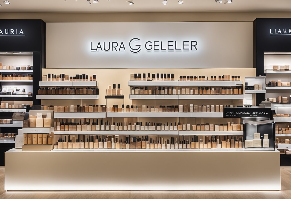 A display of Laura Geller foundation products arranged on a well-lit shelf in a beauty store