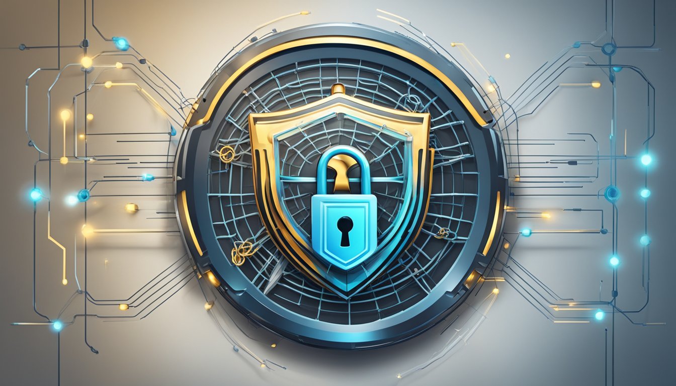 A shield with a lock symbol surrounded by a web of interconnected lines, representing web security and best practices