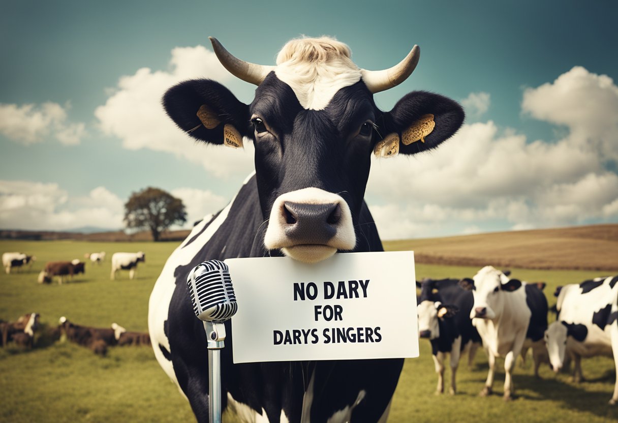 A cow wearing a microphone and holding a sign that says "No Dairy for Singers." Other animals look on curiously