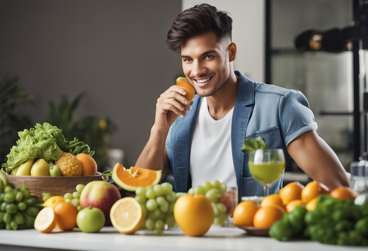 A singer avoiding dairy products, surrounded by fruits, vegetables, and a glass of water