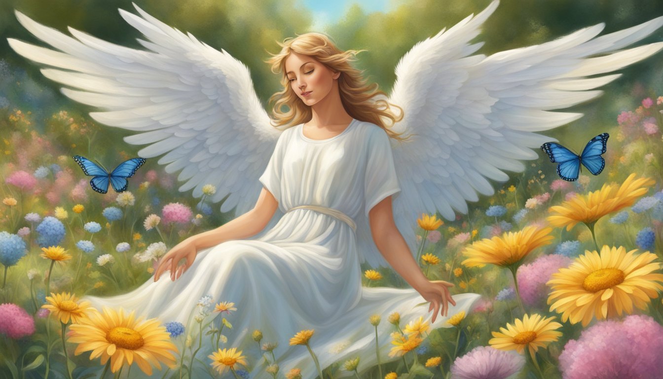 A serene angel hovers above a peaceful, sunlit meadow, surrounded by vibrant flowers and gentle butterflies