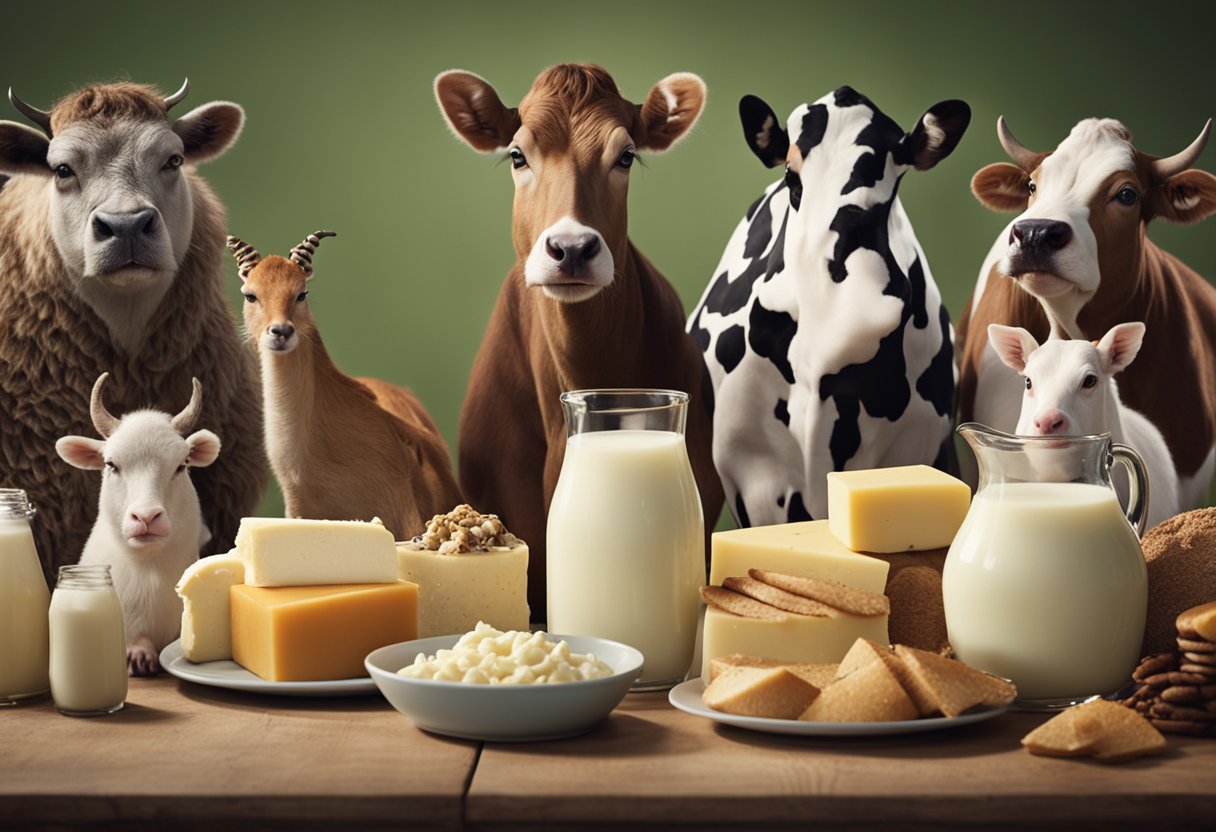 A group of animals gather around a table with various dairy products, looking confused and frustrated as they try to sing but struggle with their voices