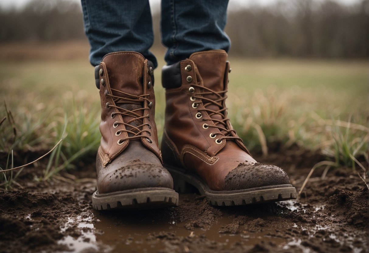 Two rugged boots, one branded "brunt" and the other "redwing," stand side by side in a muddy field