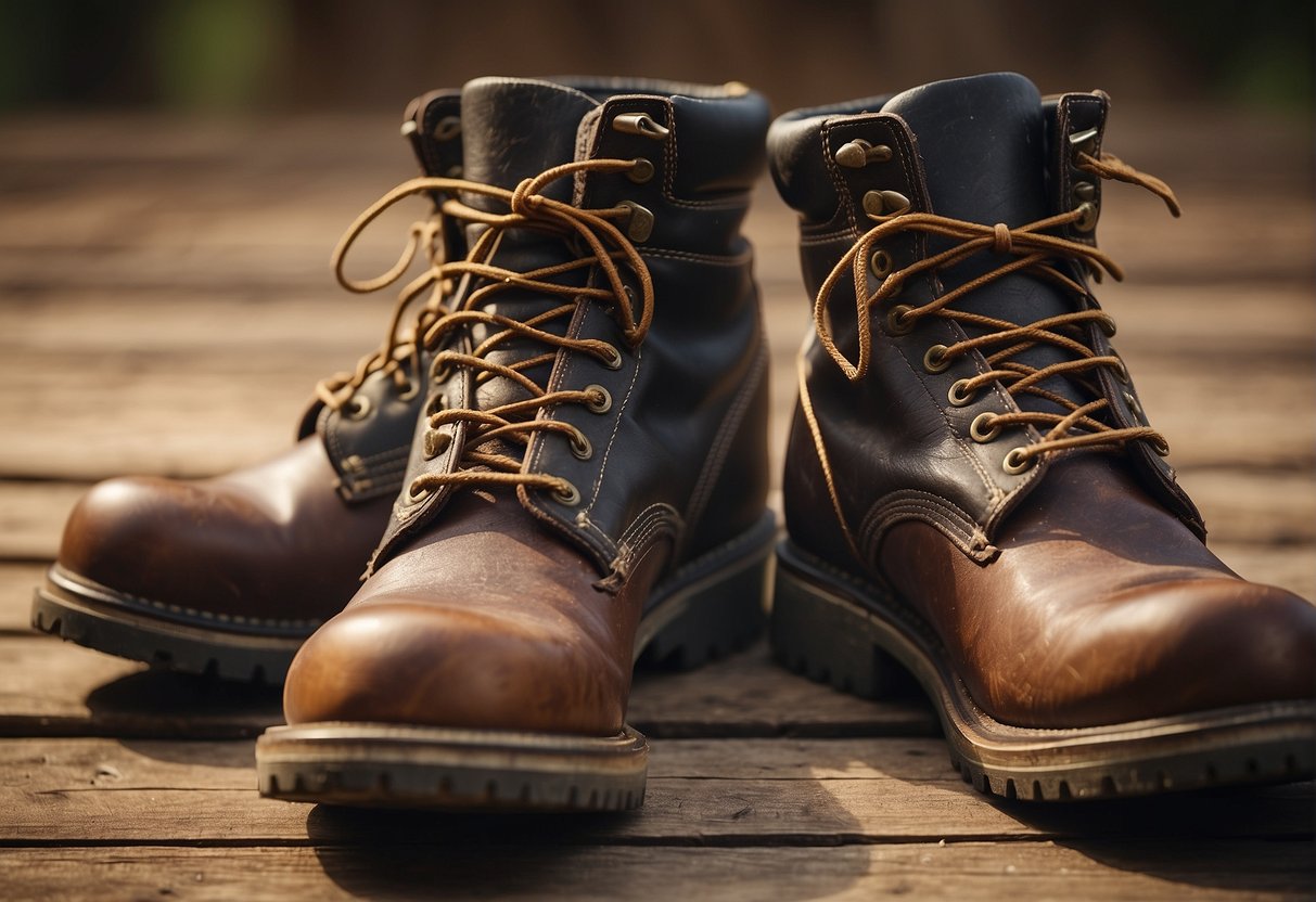 Two pairs of work boots, one labeled "brunt" and the other "redwing," are placed side by side on a rustic wooden surface