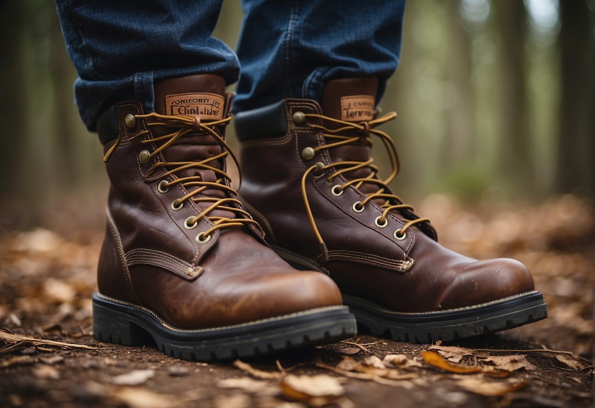 Two pairs of work boots side by side, one labeled "Comfort and Fit," the other "Redwing," with a focus on their contrasting designs and features