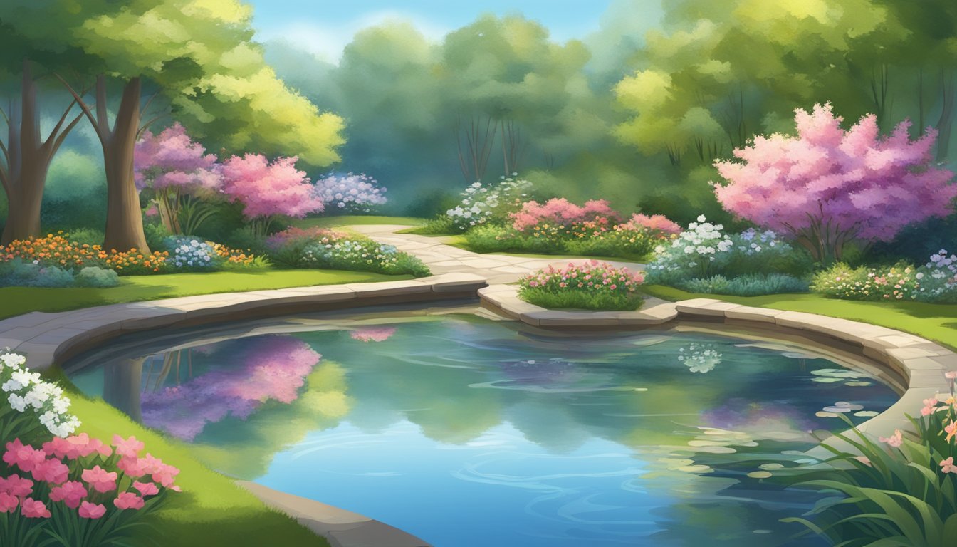 A serene garden with a winding path, blooming flowers, and a tranquil pond reflecting the surrounding trees
