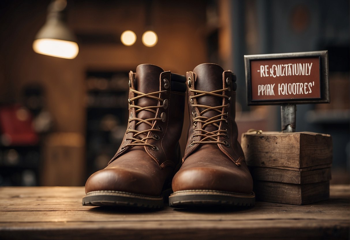 A pair of brunt boots and redwing boots side by side with a "Frequently Asked Questions" sign above them