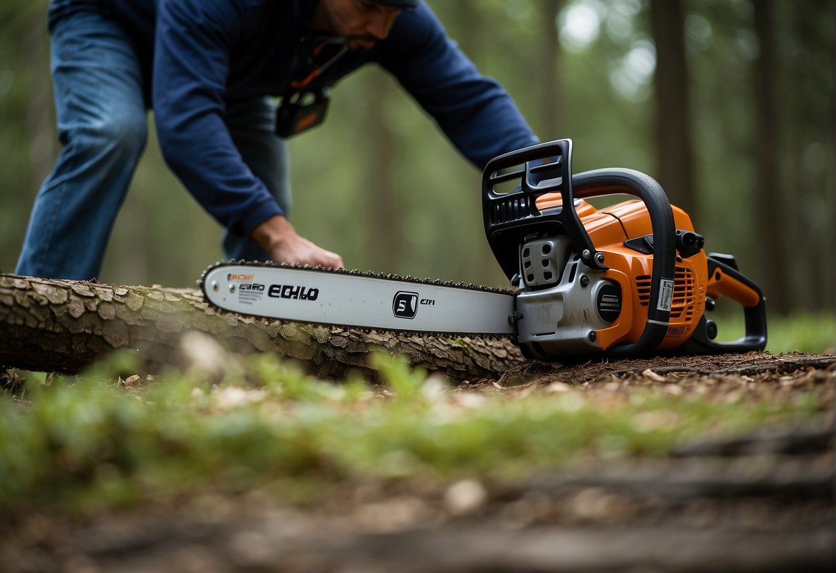 The echo chainsaw revs loudly, while the Husqvarna chainsaw roars in response, both ready for a showdown
