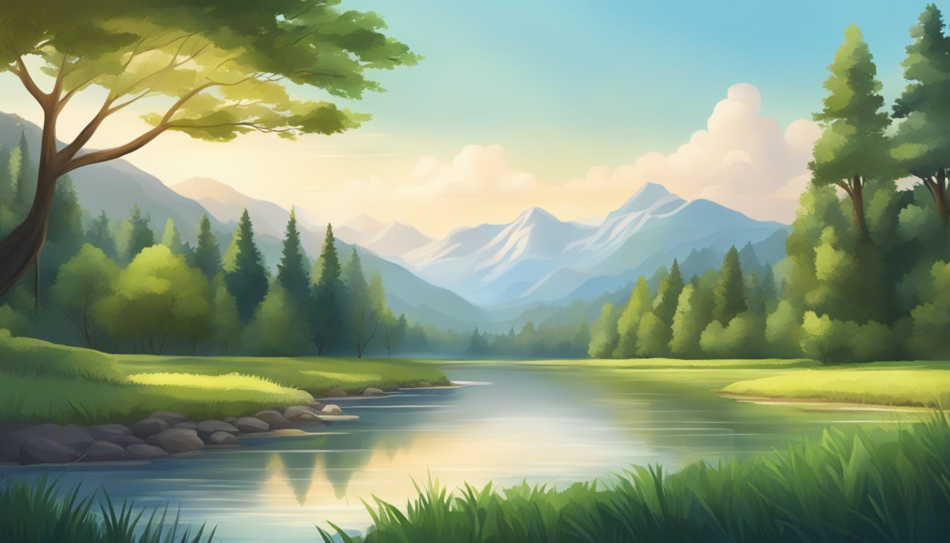 A serene landscape with a calm river flowing through a lush forest, surrounded by mountains under a clear sky