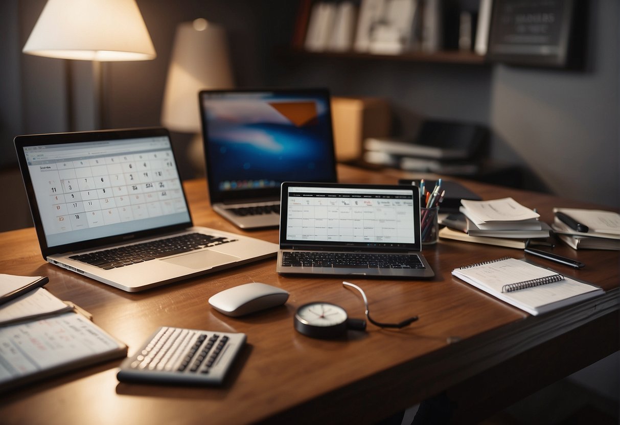 A cluttered desk with a calendar, to-do list, and laptop. A clock on the wall shows a busy schedule. A mother multitasks while juggling work and family responsibilities