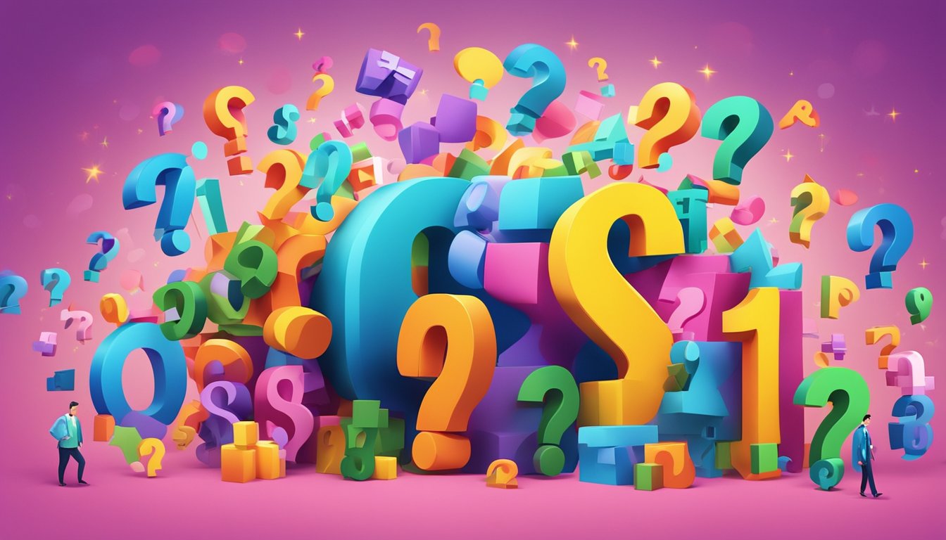 A large sign with "Frequently Asked Questions 1119 Significado" in bold letters, surrounded by colorful question marks and symbols, against a bright background
