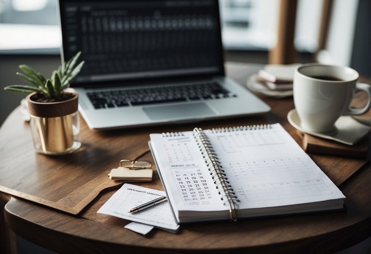 A desk with a calendar, to-do list, and laptop. A clock on the wall. A cozy workspace with natural light
