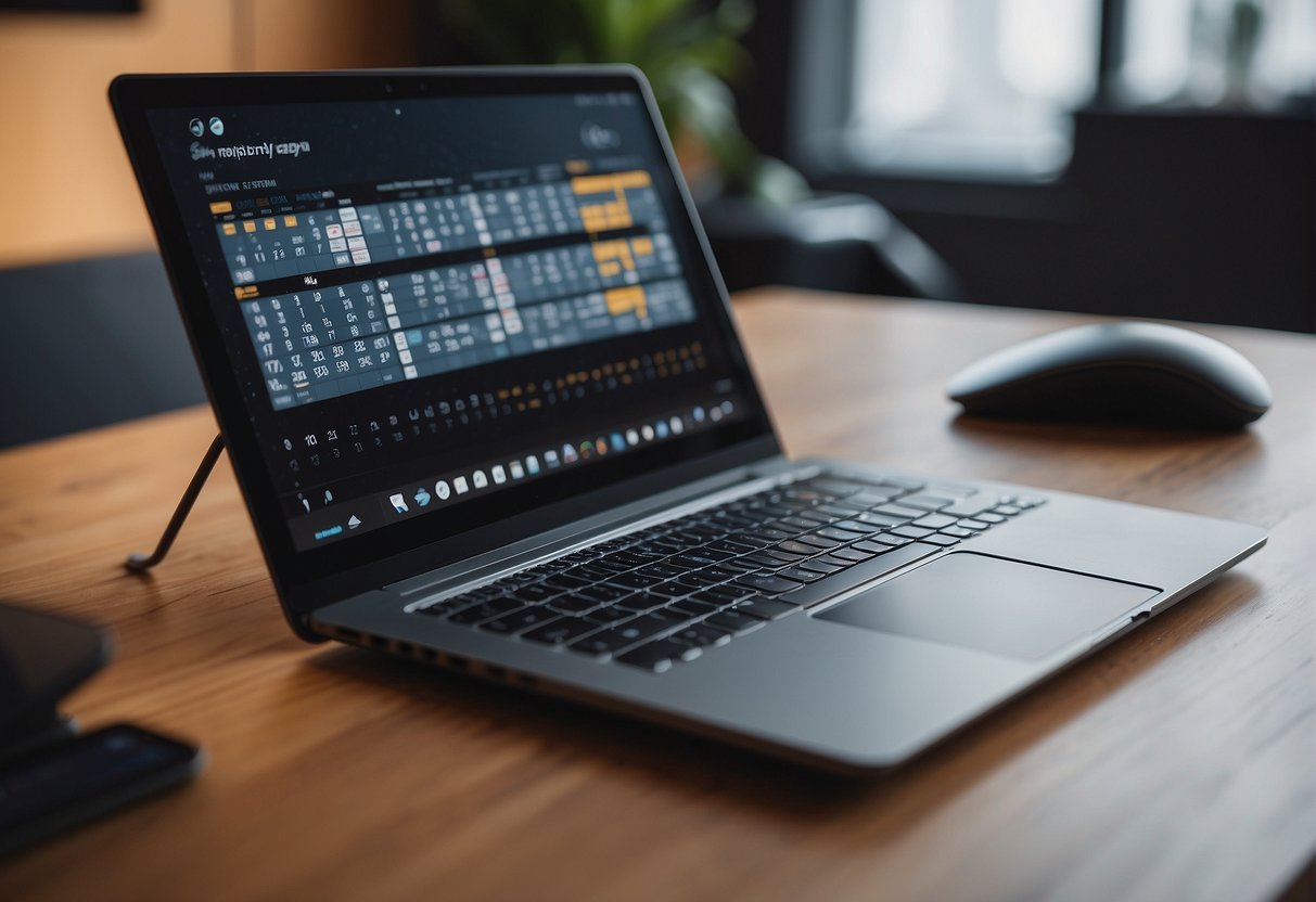 A laptop with a calendar app open, alongside a smartphone displaying a task management tool. A smart speaker on a desk, with a voice command being issued