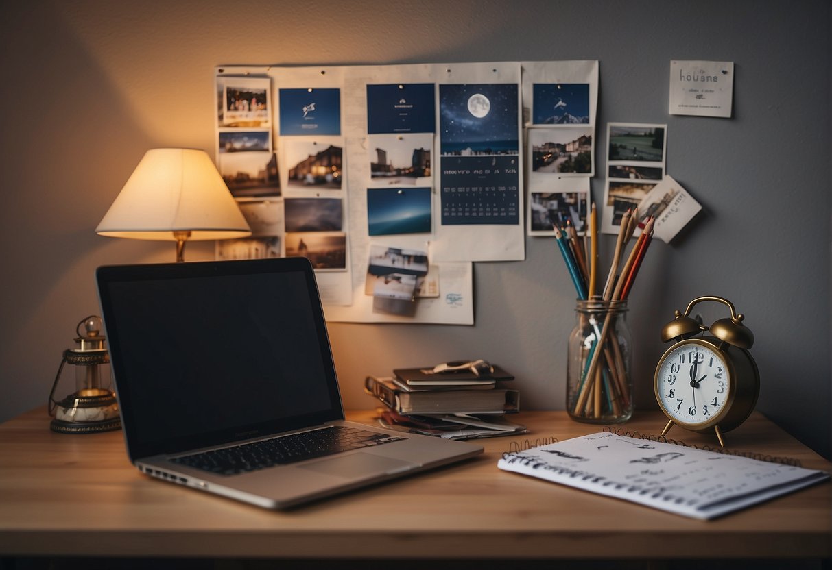 A cluttered desk with a laptop, calendar, and family photos. A clock shows different time zones. A child's drawing is pinned to the wall