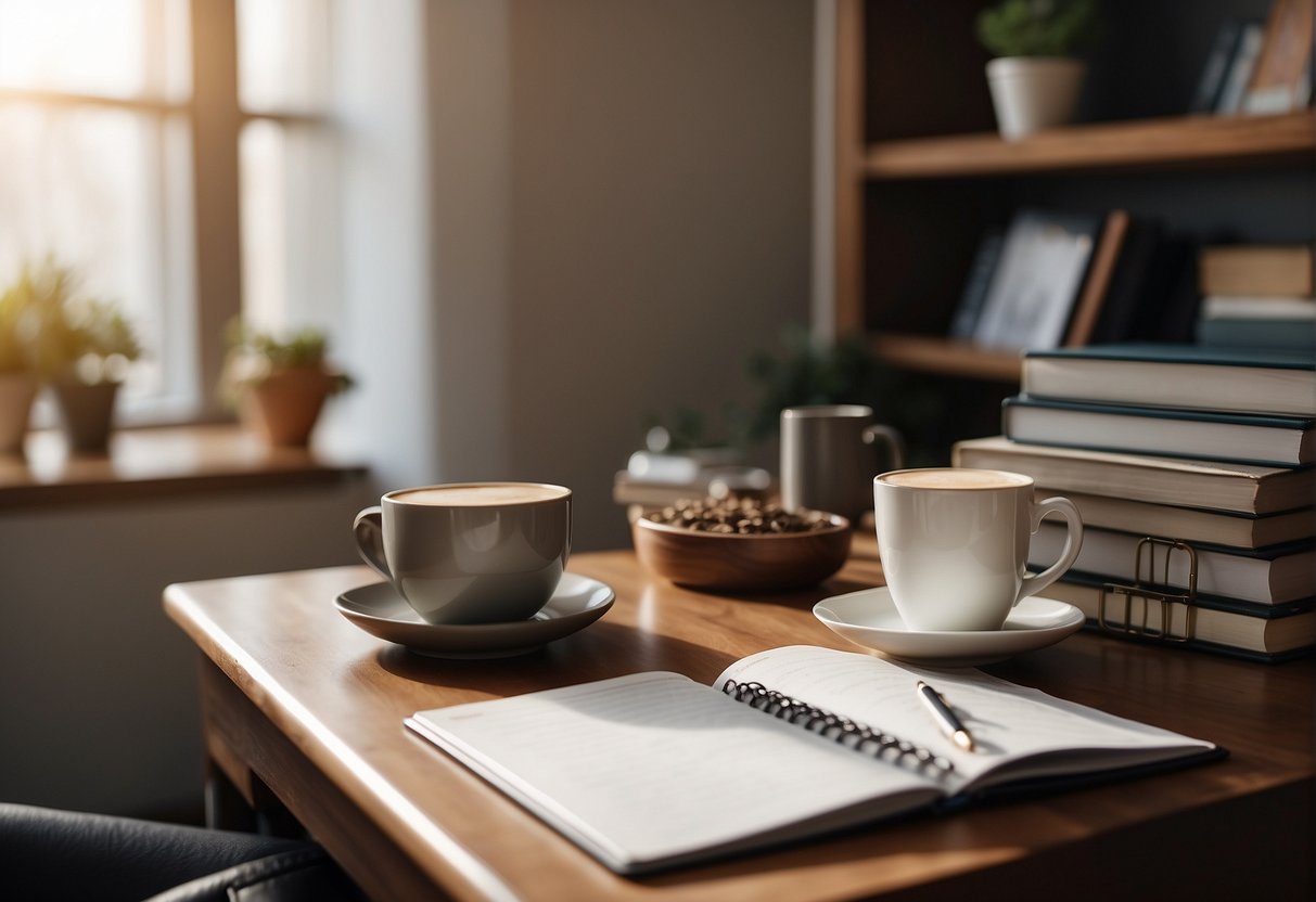 A cozy home office with a desk, calendar, and planner. A warm cup of tea sits next to a stack of self-help books. A soothing playlist plays in the background