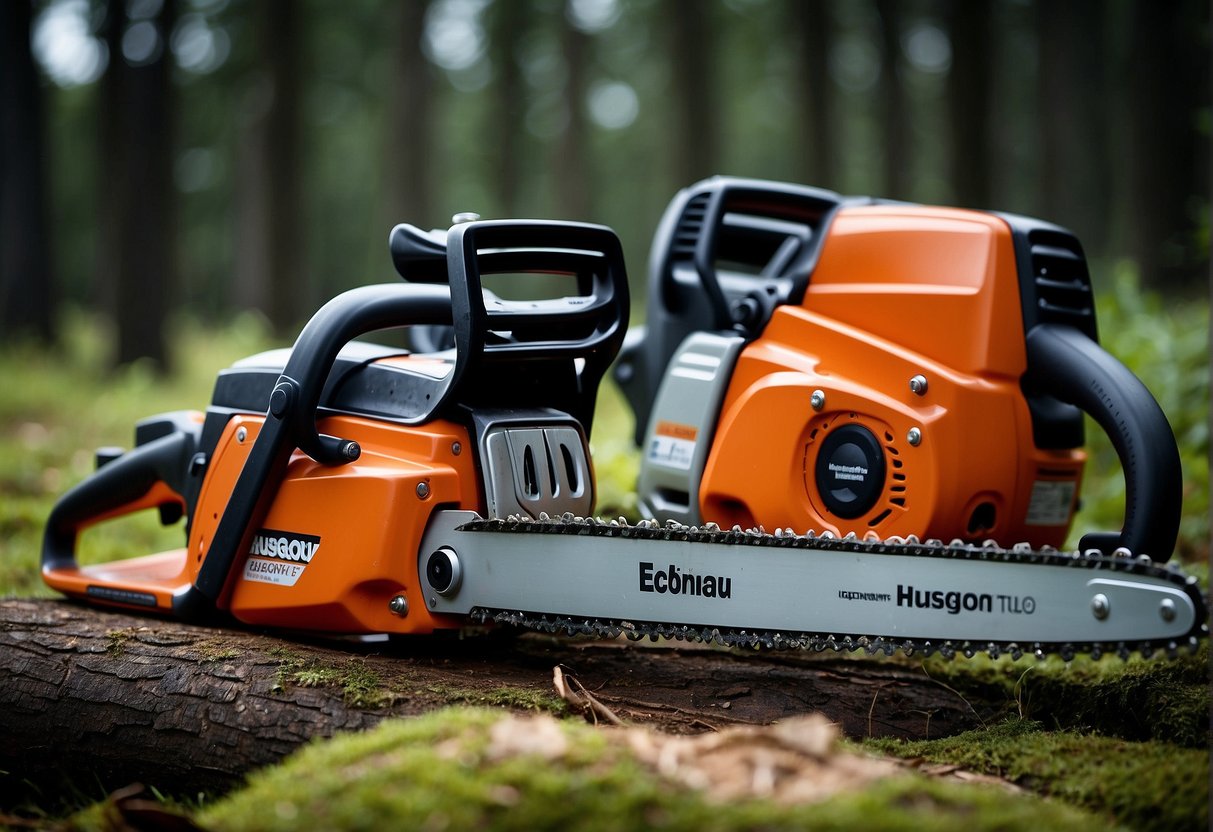 Two chainsaws, Echo and Husqvarna, side by side. Price tags and warranty information displayed. Customer support contact details visible