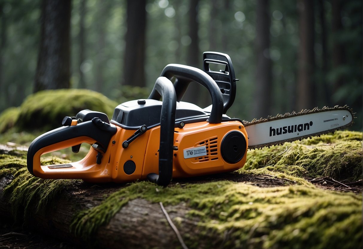 Two chainsaws, Echo and Husqvarna, facing each other with question marks floating above them
