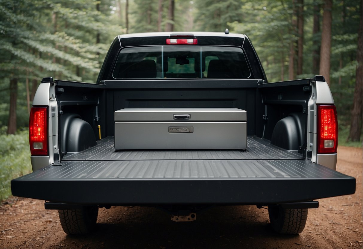 A truck vault and a Decked system sit side by side in the bed of a pickup truck, showcasing their storage capabilities and rugged design