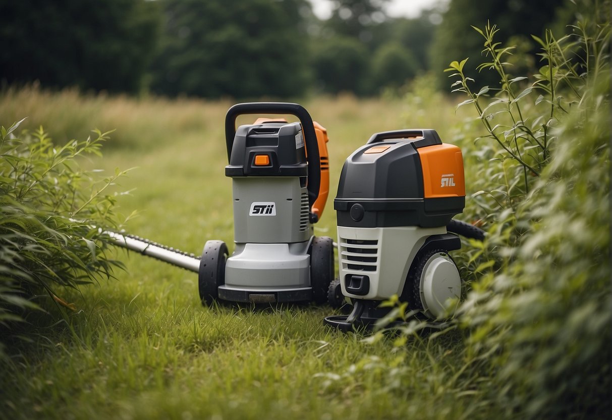 A Stihl and Husqvarna trimmer face off in a grassy yard, surrounded by overgrown weeds and shrubs. The two machines are positioned for battle, ready to showcase their power and precision