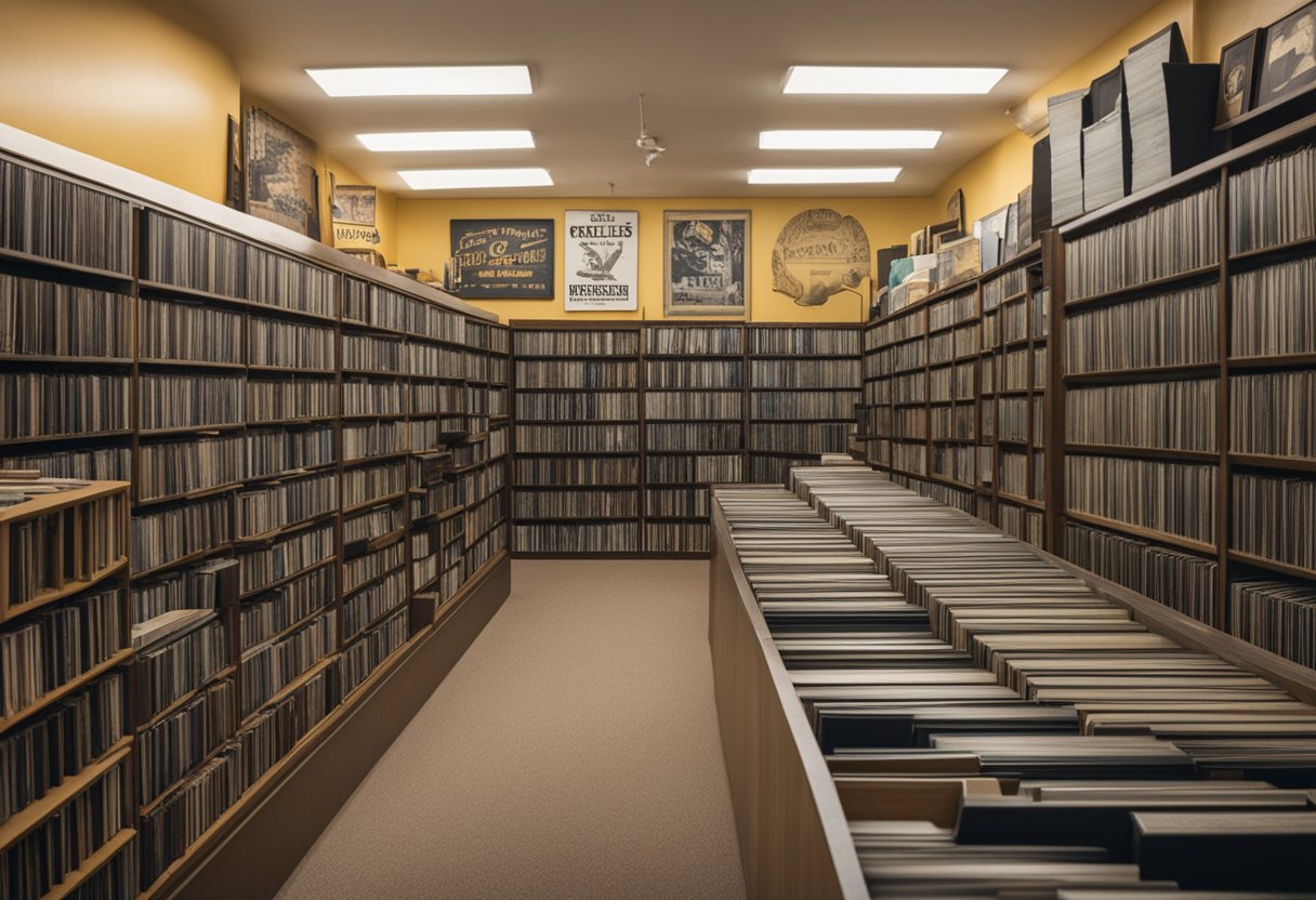 A vintage record store with shelves of 45 records neatly organized, a turntable playing music, and a sign reading "Who Sells 45 Records?" displayed prominently