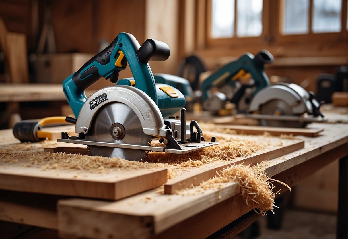 A corded circular saw sits next to a cordless one on a workbench, surrounded by wood scraps and sawdust