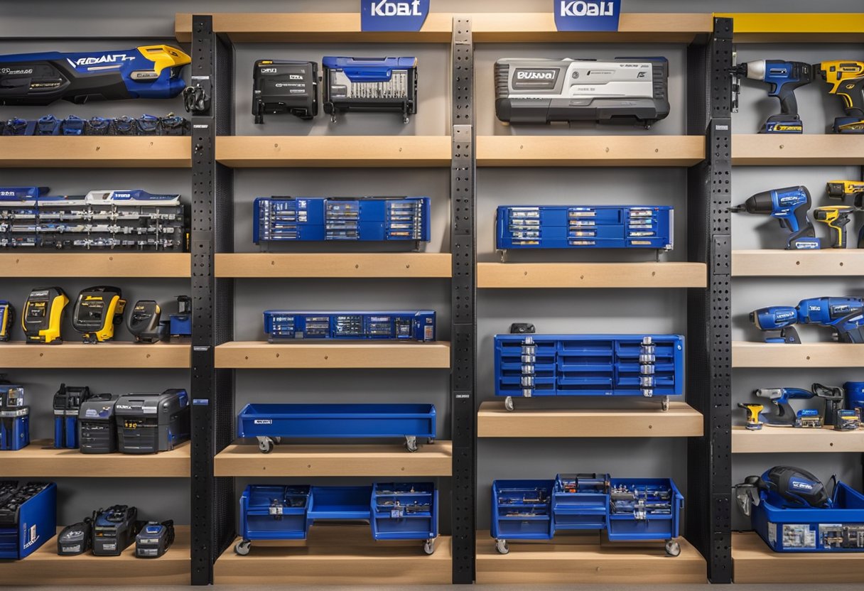 A hardware store display showcases various Kobalt tools, neatly organized on shelves with bright lighting and a clean backdrop