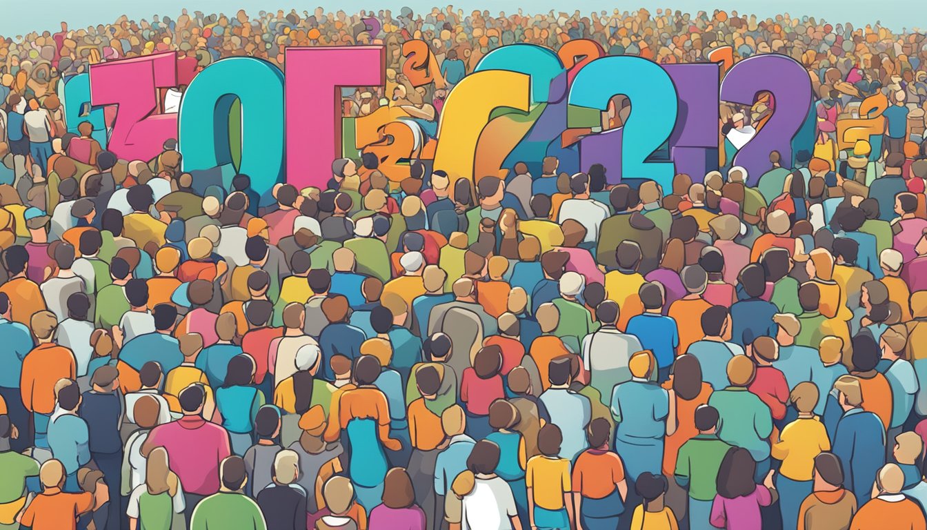 A large sign with "Frequently Asked Questions 1242 Significado" in bold letters, surrounded by question marks and a crowd of people looking at it