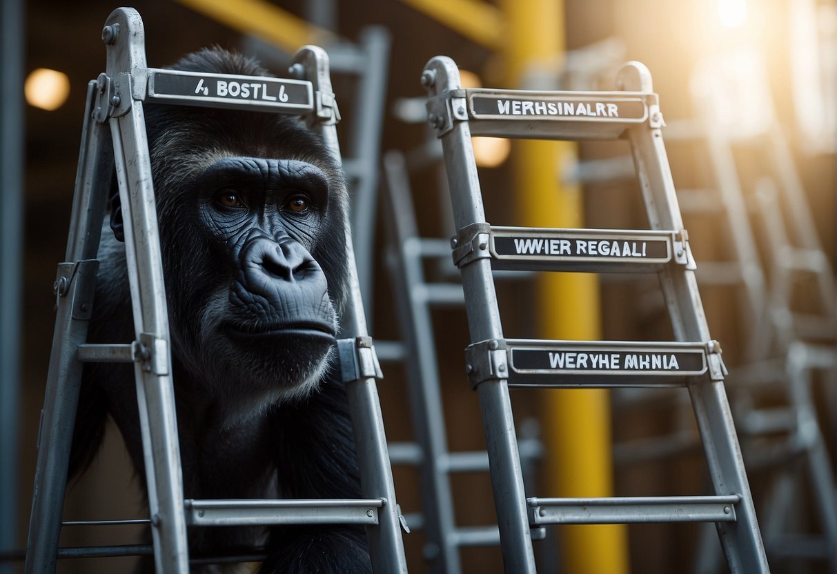 Two ladders side by side, one labeled "Werner" and the other "Gorilla," with price tags and features highlighted