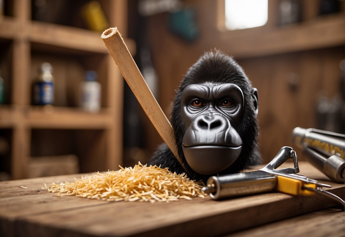 Gorilla wood glue and Titebond face off on a workbench, surrounded by scattered wood shavings and clamps