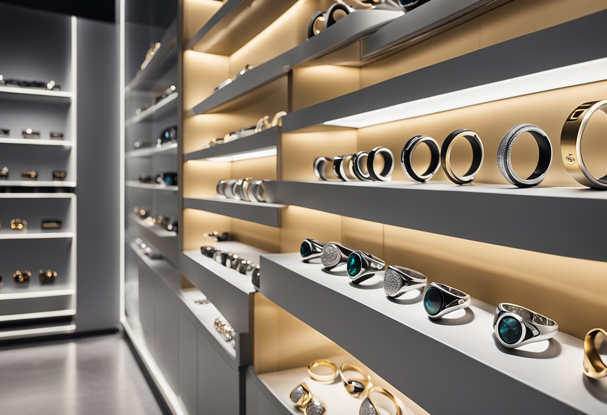 A display of Oura Rings on a sleek, modern store shelf, with soft lighting highlighting the elegant design and advanced technology