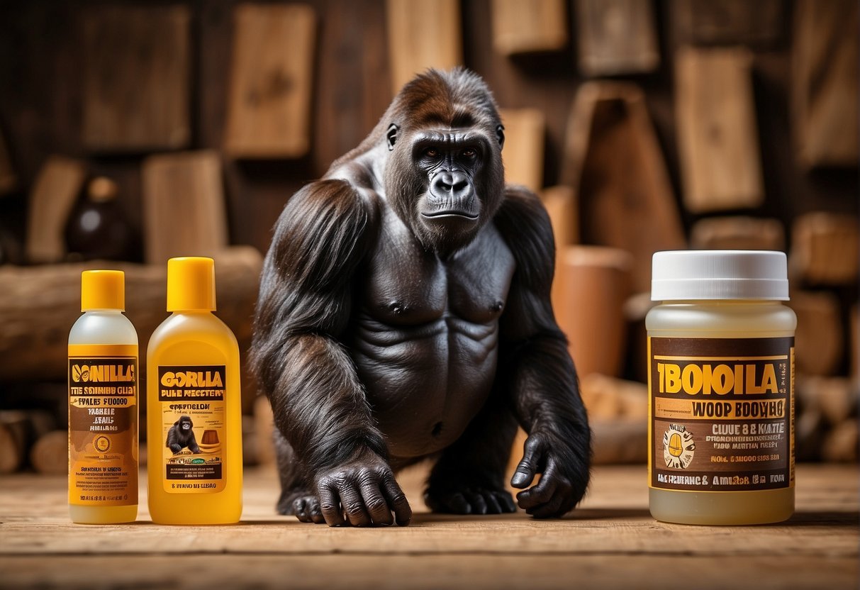A gorilla and a bottle of wood glue stand next to various woodworking projects, showcasing the strength and versatility of Gorilla Wood Glue compared to Titebond