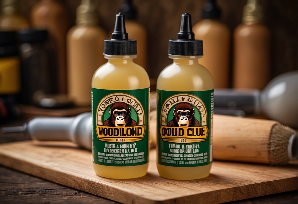 Two bottles of wood glue on a workbench, surrounded by various woodworking tools and materials. One bottle labeled "Gorilla Wood Glue" and the other "Titebond."