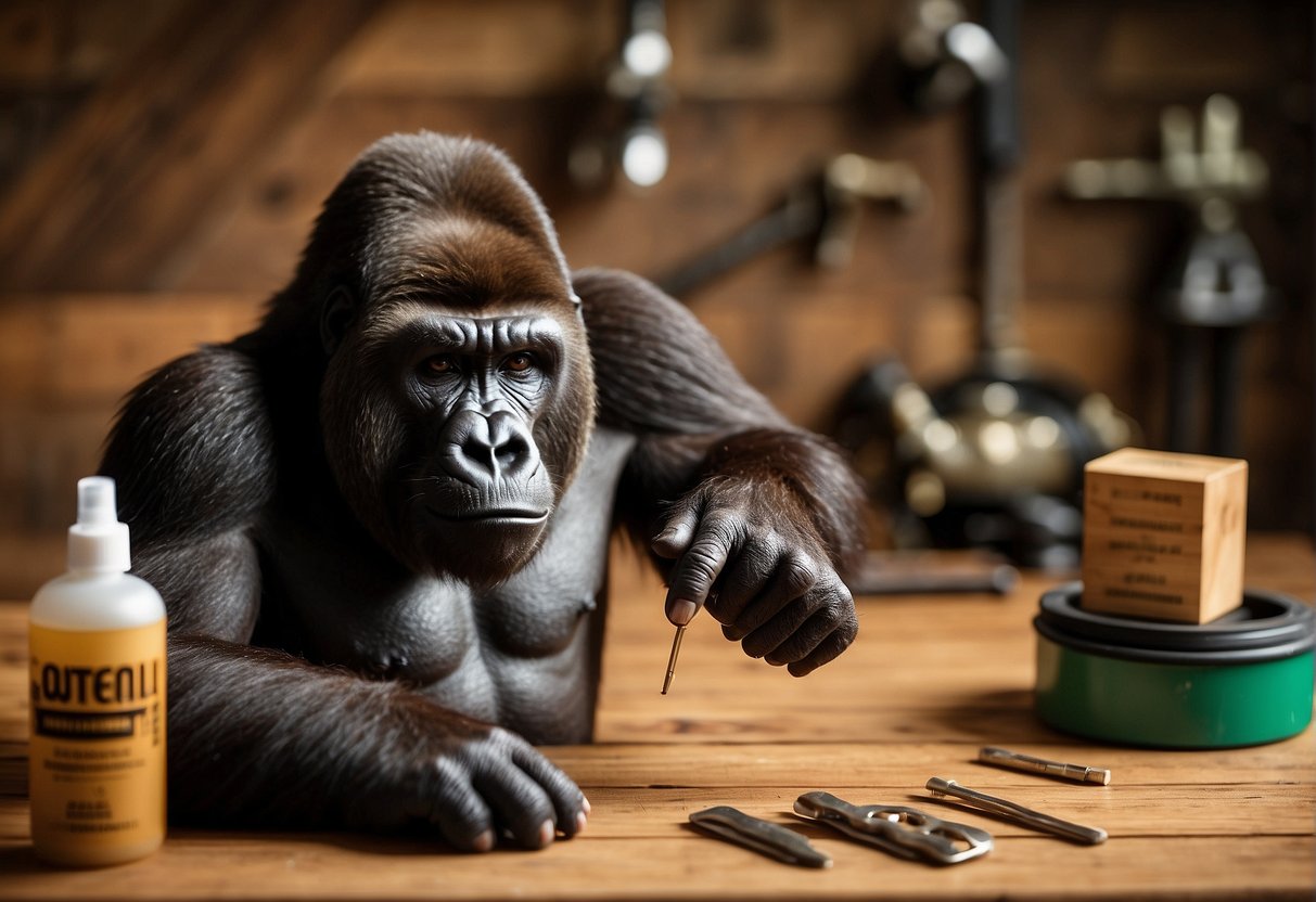 A gorilla and a titebond bottle face off on a wooden surface, surrounded by various woodworking tools and materials