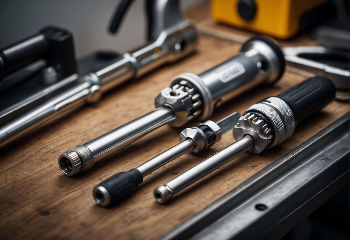 A precision torque wrench and a socket wrench are placed side by side on a workbench, ready for use