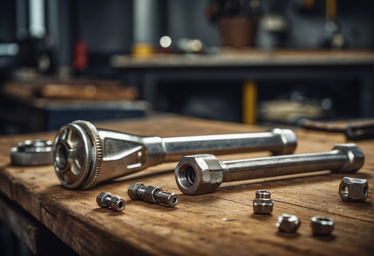 A torque wrench and socket wrench lie on a workbench, surrounded by scattered bolts and nuts. The tools show signs of use and are coated in grease and oil