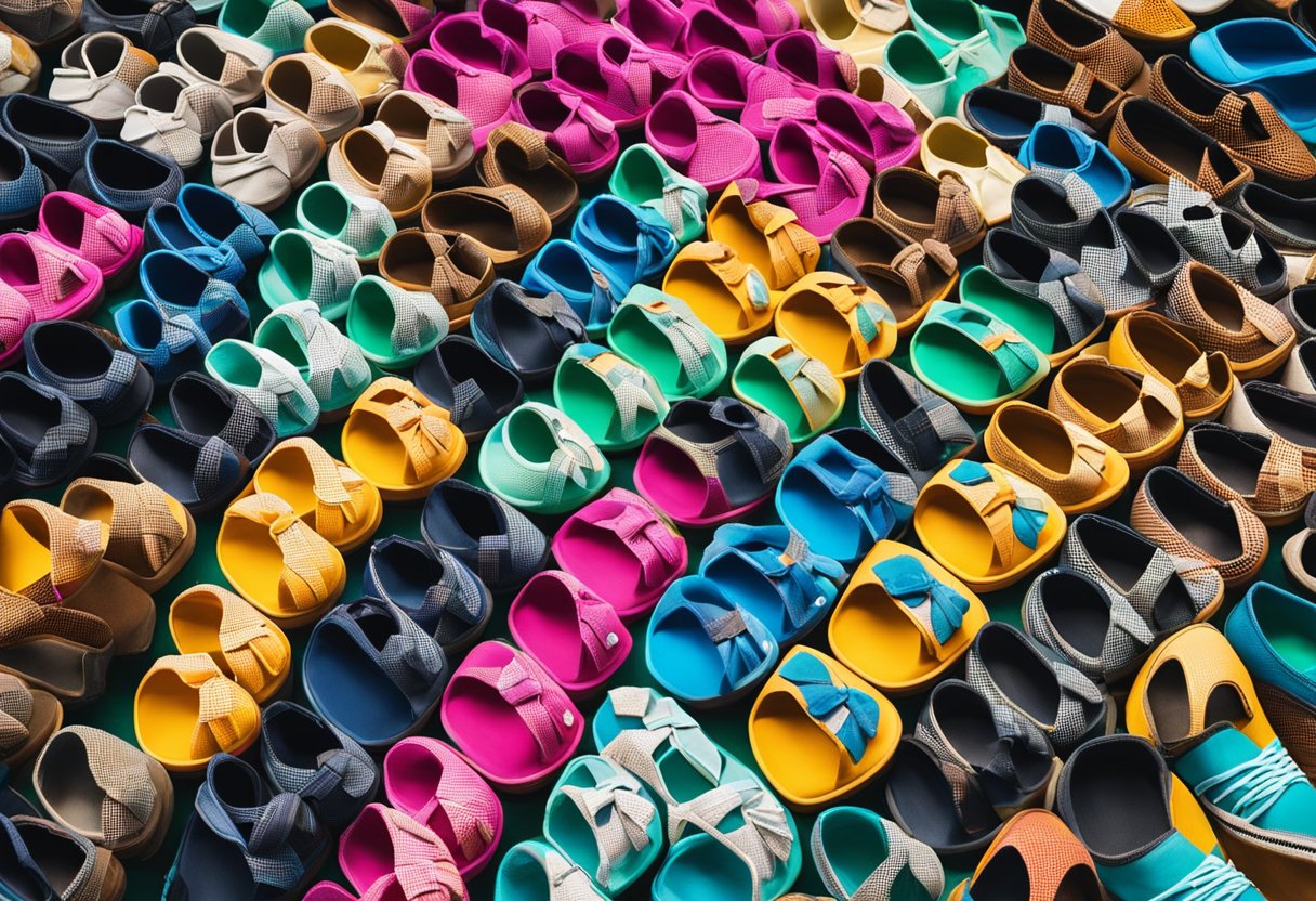 A colorful outdoor market with a variety of shoe vendors displaying Xero Shoes on vibrant, neatly arranged stalls