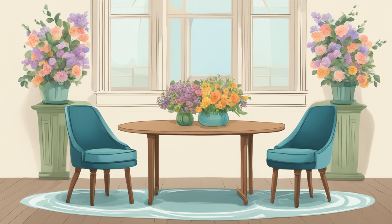 A table with two chairs facing each other, a vase of flowers in the center, and a journal with a pen on top