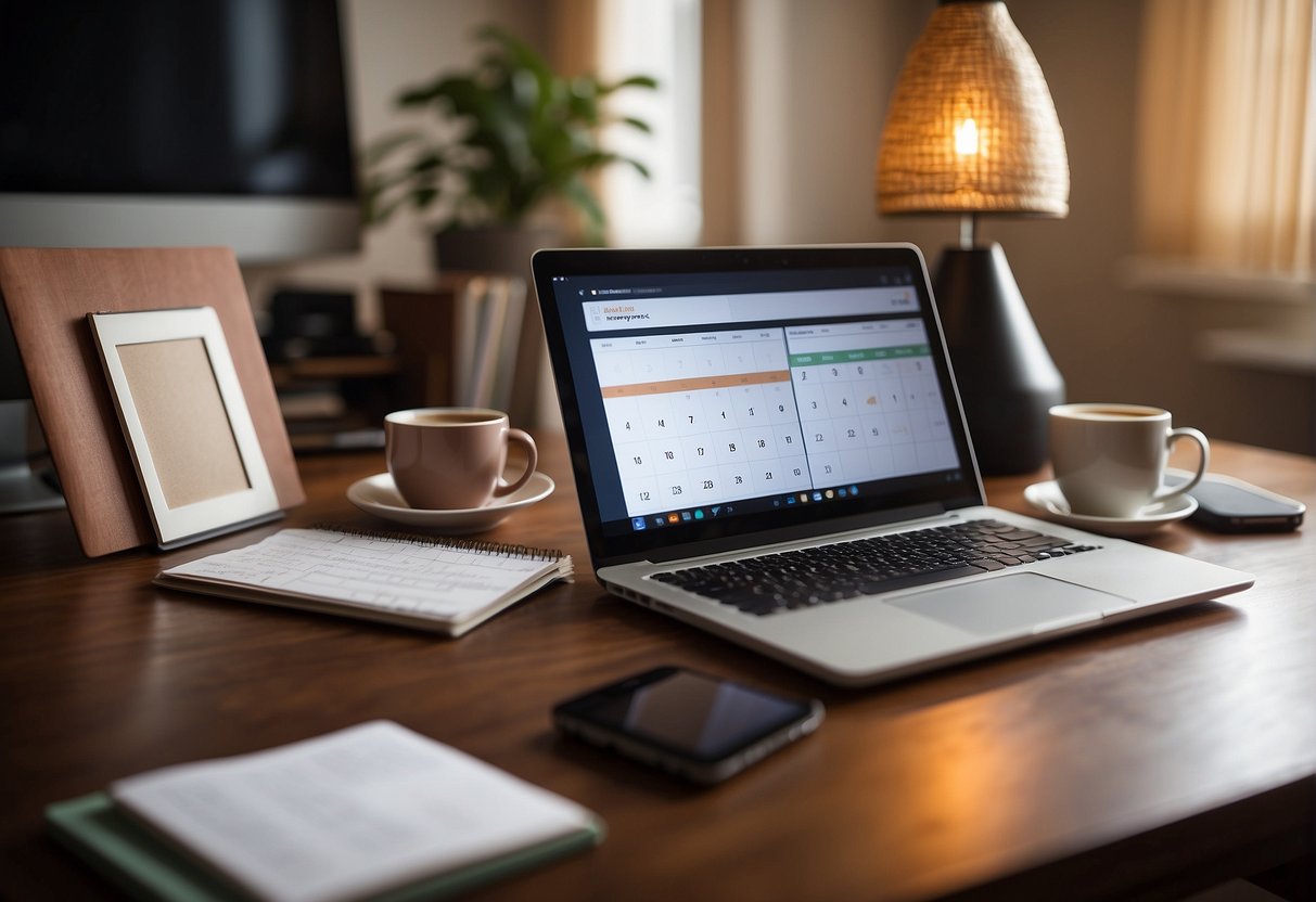 A cozy home office with a laptop, smartphone, and tablet on a desk. A calendar, to-do list, and coffee mug are nearby. A comfortable chair and soft lighting complete the work-at-home mom's space