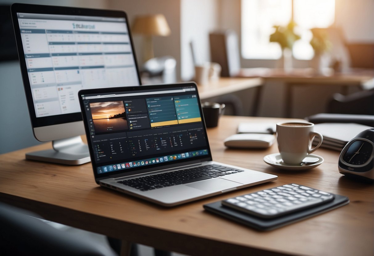A laptop, tablet, and smartphone sit on a desk with a comfortable chair. A calendar, to-do list, and note-taking app are open on the screens. A printer and scanner are nearby