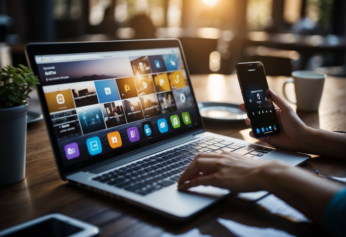 Team members use tech tools on laptops and phones, while apps for communication and organization are visible on the screen