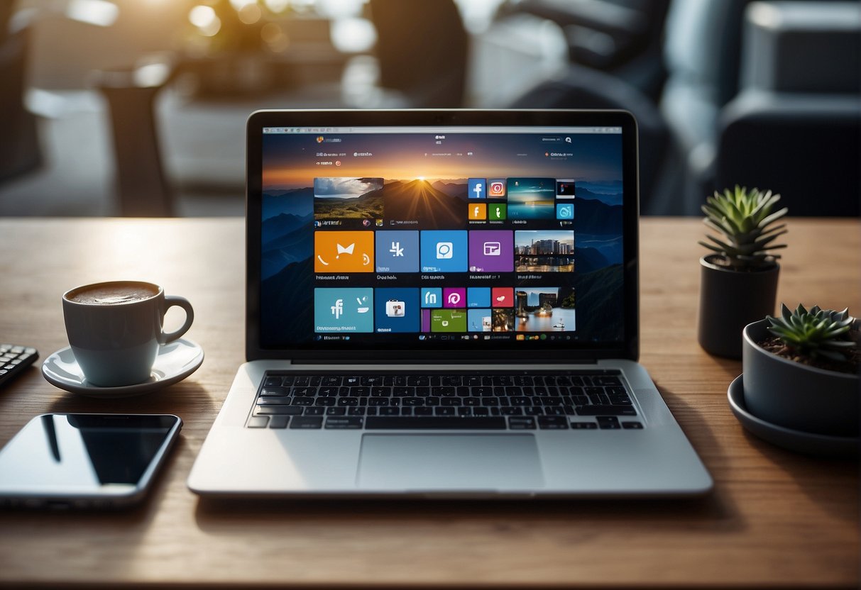 A laptop open on a desk, surrounded by a smartphone, tablet, and notebook. Icons of social media and productivity apps on the screen