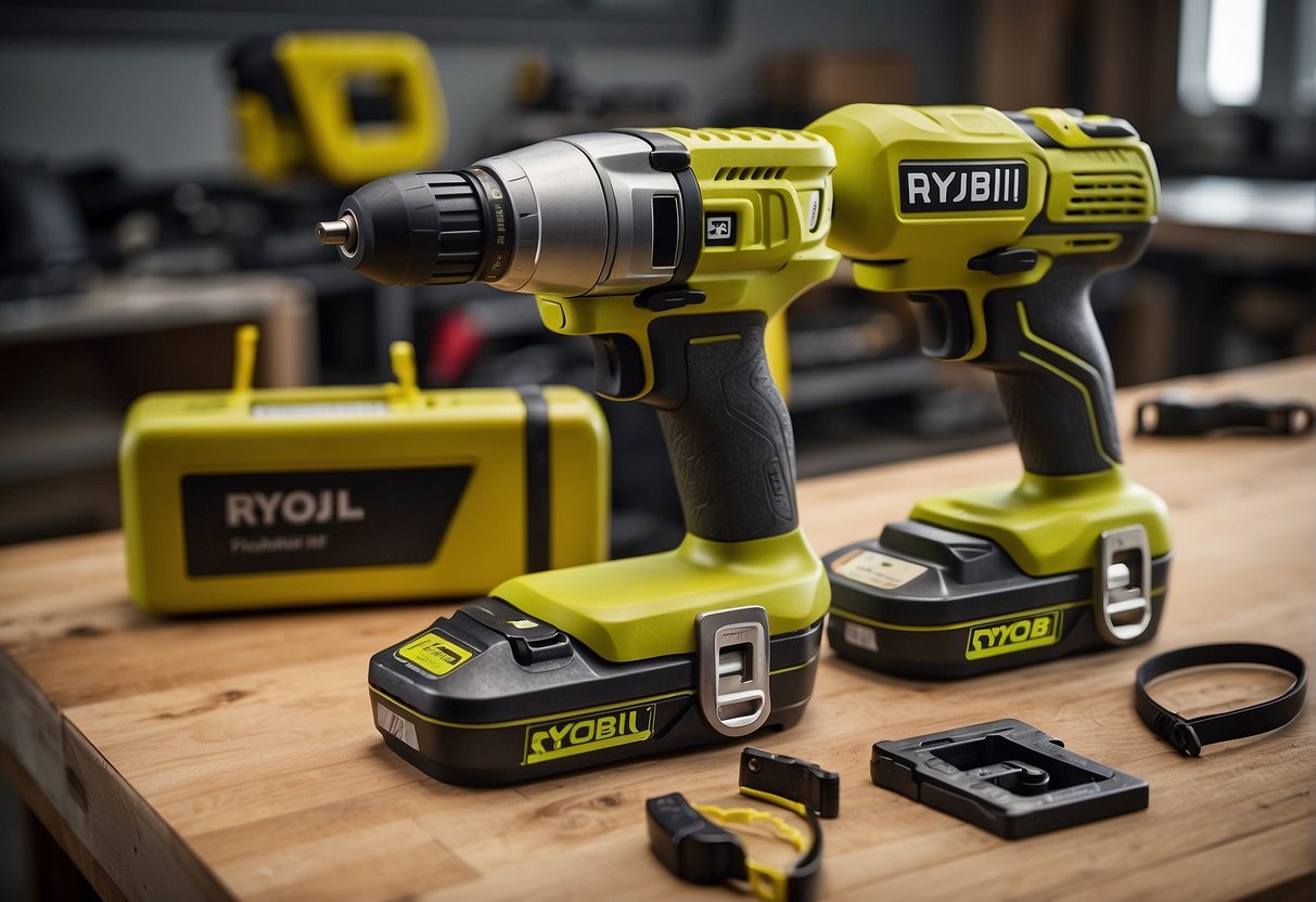 Two power tools, one labeled "Ryobi HP" and the other "Non-HP," sit side by side on a workbench. The HP tool appears sleek and modern, while the non-HP tool looks older and worn